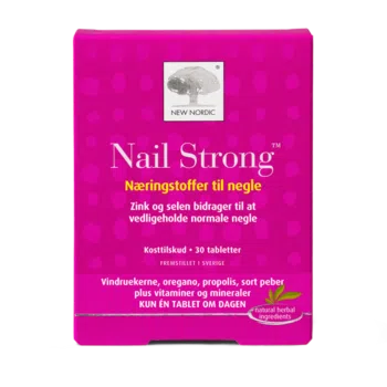 New Nordic Nail Strong™ med zink, selen, vindruekerner, oregano og propolis, hvor zink og selen bidrager til at opretholde normale negle.