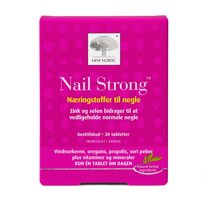 di_webpackshot_nailstrong_30_dk_front New Nordic Nail Strong™ med zink, selen, vindruekerner, oregano og propolis, hvor zink og selen bidrager til at opretholde normale negle.