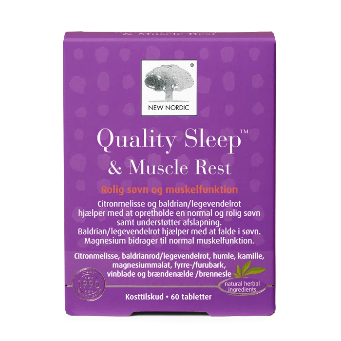 di_webpackshot_qualitysleepmusclerest_dk_NEW New Nordic Quality Sleep™ & Muscle Rest produktæske på transparent baggrund.