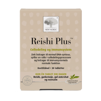 New Nordic Reishi Plus™ med reishi, gurkemeje, gul østershat, rosmarin og zink, hvor zink bidrager til immunsystemets normale funktion og spiller en rolle i celledelingsprocessen.