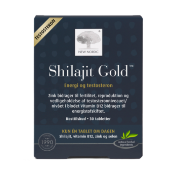 New Nordic Shilajit Gold™ med shilajit, zink, selen og vitamin B12, hvor zink bidrager til at opretholde normale testosteronniveauer i blodet, og vitamin B12 bidrager til et normalt energistofskifte.