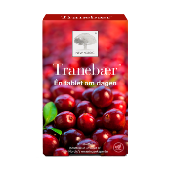 Et nyt nordisk Tranebær™-kosttilskud i en rød æske med et billede af friske tranebær på forsiden. Én tablet om dagen.