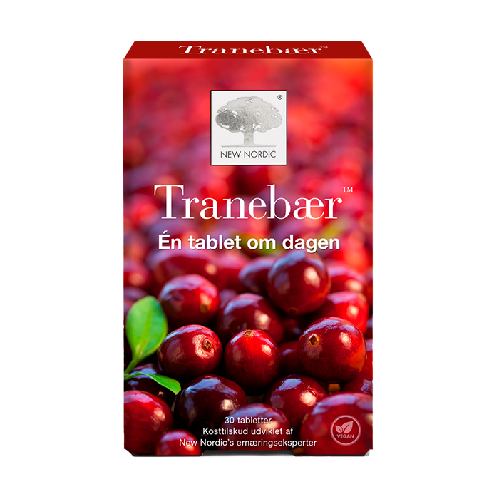 di_webpackshot_tranebærpillen_dk_front Et nyt nordisk Tranebær™-kosttilskud i en rød æske med et billede af friske tranebær på forsiden. Én tablet om dagen.