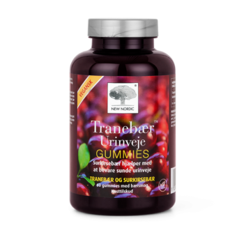 New Nordic Tranebær Urinveje Gummies™ med tranebær og surkirsebær, hvor surkirsebær bidrager til at opretholde sunde urinveje.