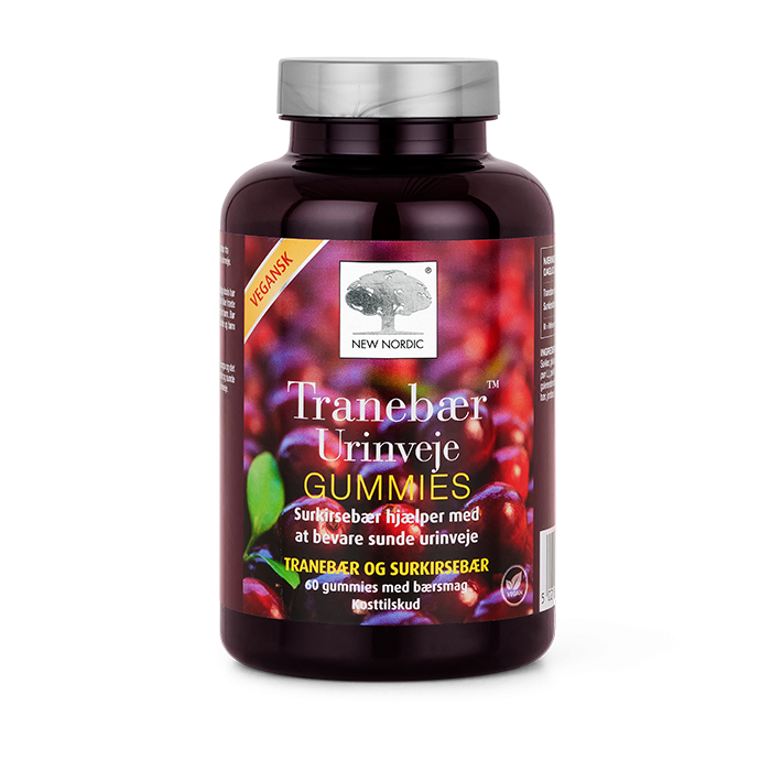 di_webpackshot_tranebaerurinvej_gummies_60_DK New Nordic Tranebær Urinveje Gummies™ med tranebær og surkirsebær, hvor surkirsebær bidrager til at opretholde sunde urinveje.