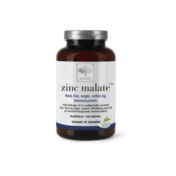 New Nordic Zinc Malate™ indeholder zink, som bidrager til at opretholde normal hud, hår og negle, understøtter immunsystemets normale funktion og spiller en rolle i celledelingsprocessen.