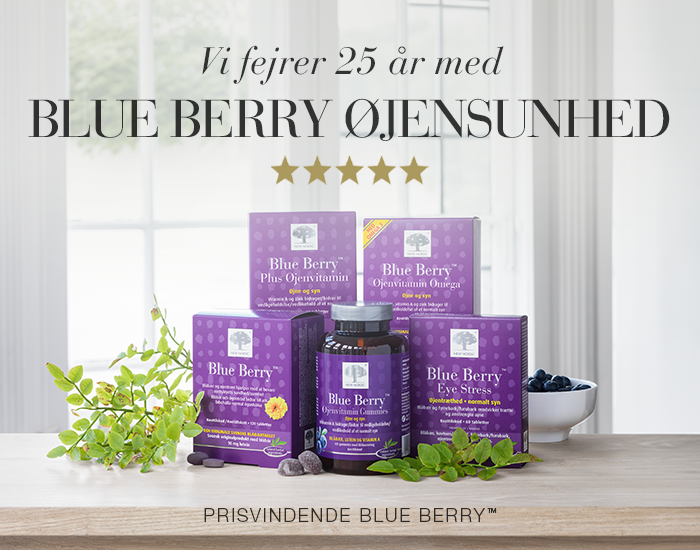 Banner med New Nordic Blue Berry™-serien, der fejrer 25 år med kosttilskud til øjensundhed og normalt syn.