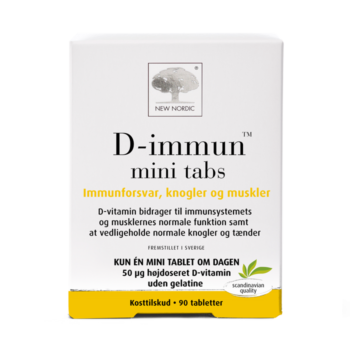 De nye nordiske D-immun™ mini-tabletter med D-vitamin bidrager til immunsystemets og musklernes normale funktion samt til at opretholde normale knogler og tænder.