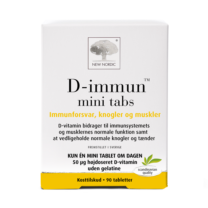 web_packshot_d-immune_90_DK De nye nordiske D-immun™ mini-tabletter med D-vitamin bidrager til immunsystemets og musklernes normale funktion samt til at opretholde normale knogler og tænder.