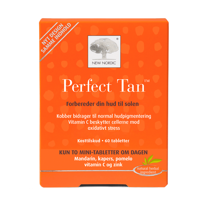 web_packshot_perfecttan_60_dk_new New Nordic Perfect Tan™ med kobber, zink, C-vitamin og planteekstrakter, hvor kobber bidrager til normal hudpigmentering, og C-vitamin hjælper med at beskytte cellerne mod oxidativt stress.
