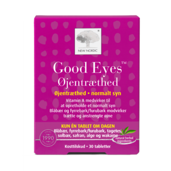 New Nordic Good Eyes™ kosttilskud med blåbær, fyrrebark, safran og vitamin A, udviklet til at understøtte et normalt syn og lindre trætte og anstrengte øjne.