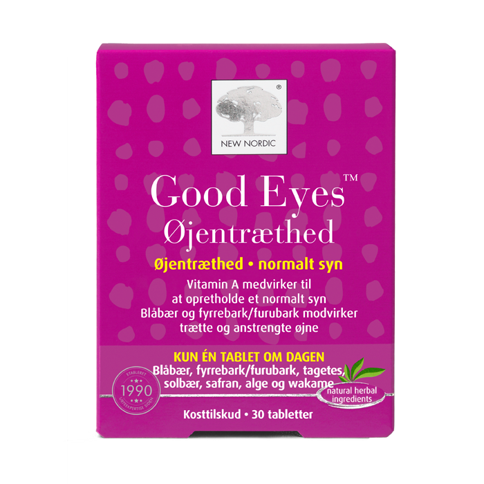 di_webpackshot_goodeyestraethed_dk New Nordic Good Eyes™ kosttilskud med blåbær, fyrrebark, safran og vitamin A, udviklet til at understøtte et normalt syn og lindre trætte og anstrengte øjne.