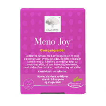 New Nordic Meno Joy™ med rødkløver, humle, damiana, magnesium og B-vitaminer, hvor rødkløver hjælper med at lindre almindelige overgangsalder-symptomer som hedeture, svedtendens og irritabilitet.