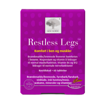 New Nordic Restless Legs™ med brændenælde, fyrrebark, irsk havmos, magnesium og B-vitaminer, hvor magnesium bidrager til normal muskelfunktion, og vitamin B6 og B12 bidrager til nervesystemets normale funktion.