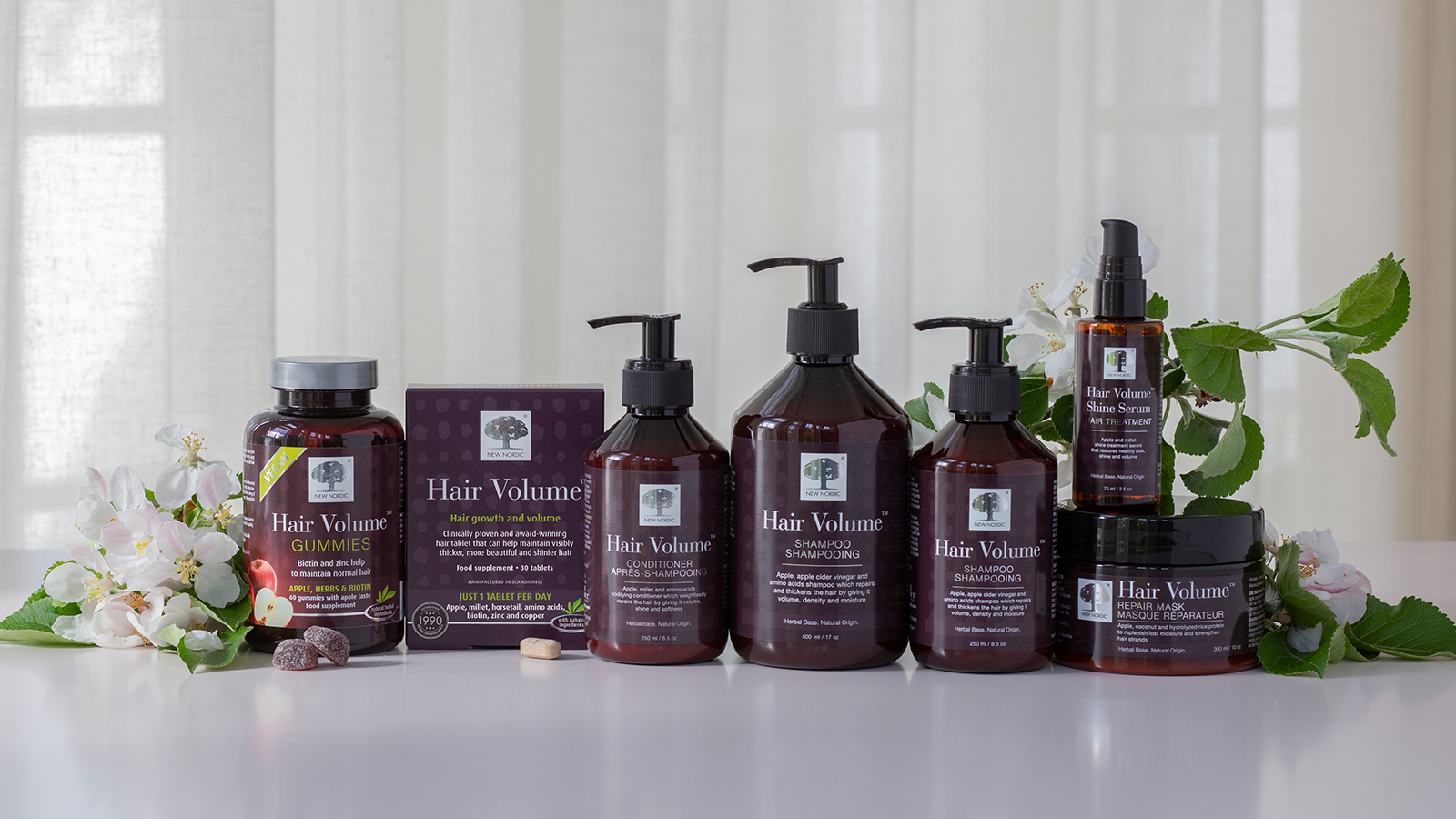 Hair Volume™ 16 New Nordic Hair Volume™ serien med gummies, tabletter, shampoo, conditioner, shine serum og repair mask til pleje af hår og hovedbund.