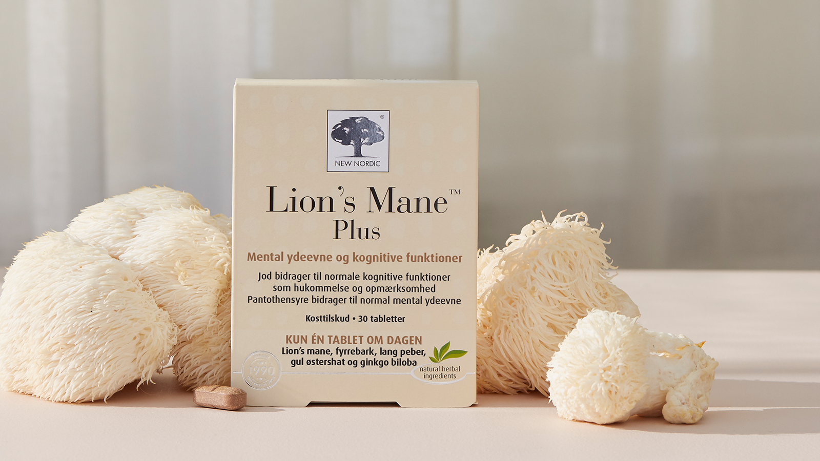 New Nordic Lion’s Mane™ Plus med jod og pantothensyre, som bidrager til normale kognitive funktioner og normal mental ydeevne, præsenteret med lion’s mane-svampe.