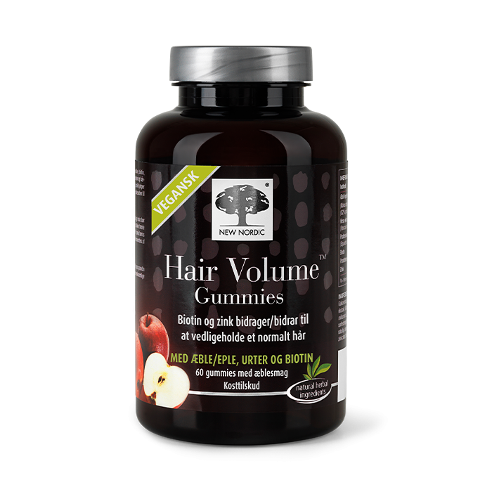 Et packshotfoto af New Nordics hårvitaminer Hair Volume Gummies. DK